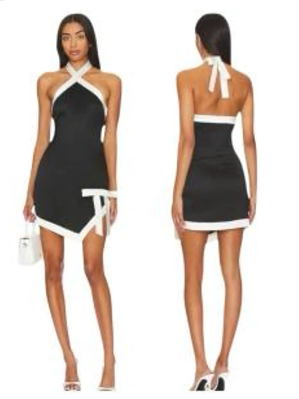 Lover’s & Friends Keely Mini Dress Crepe Halter Bow Detail Black & White Small